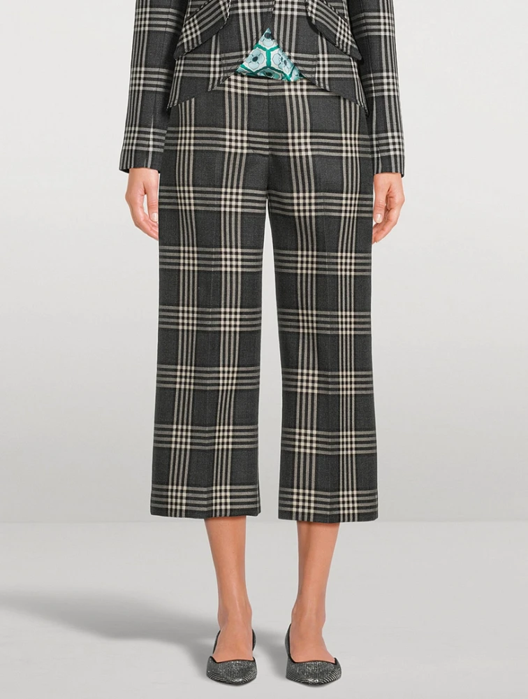 Wide-Leg Wool Trousers Plaid Print
