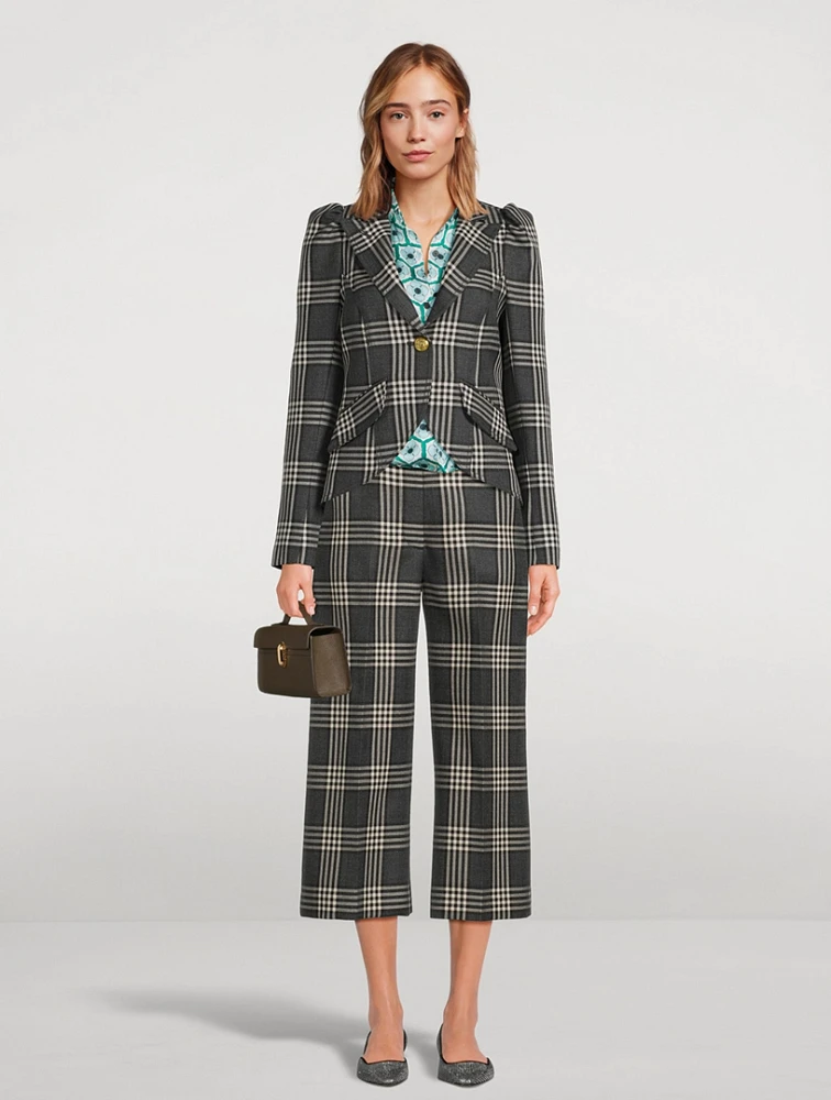 Wide-Leg Wool Trousers Plaid Print