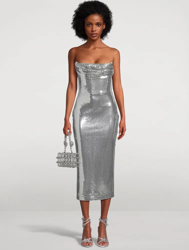 Draped Strapless Sequin Midi Dress