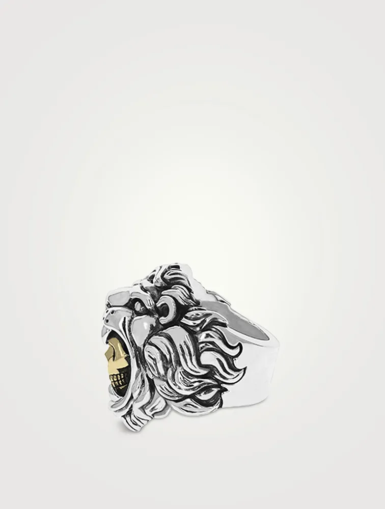 Silver Lion And Skull Ring