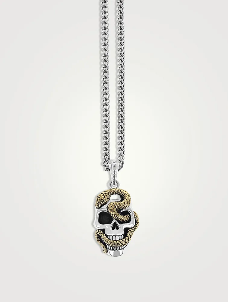 Large Two-Tone Skull And Snake Pendant Necklace