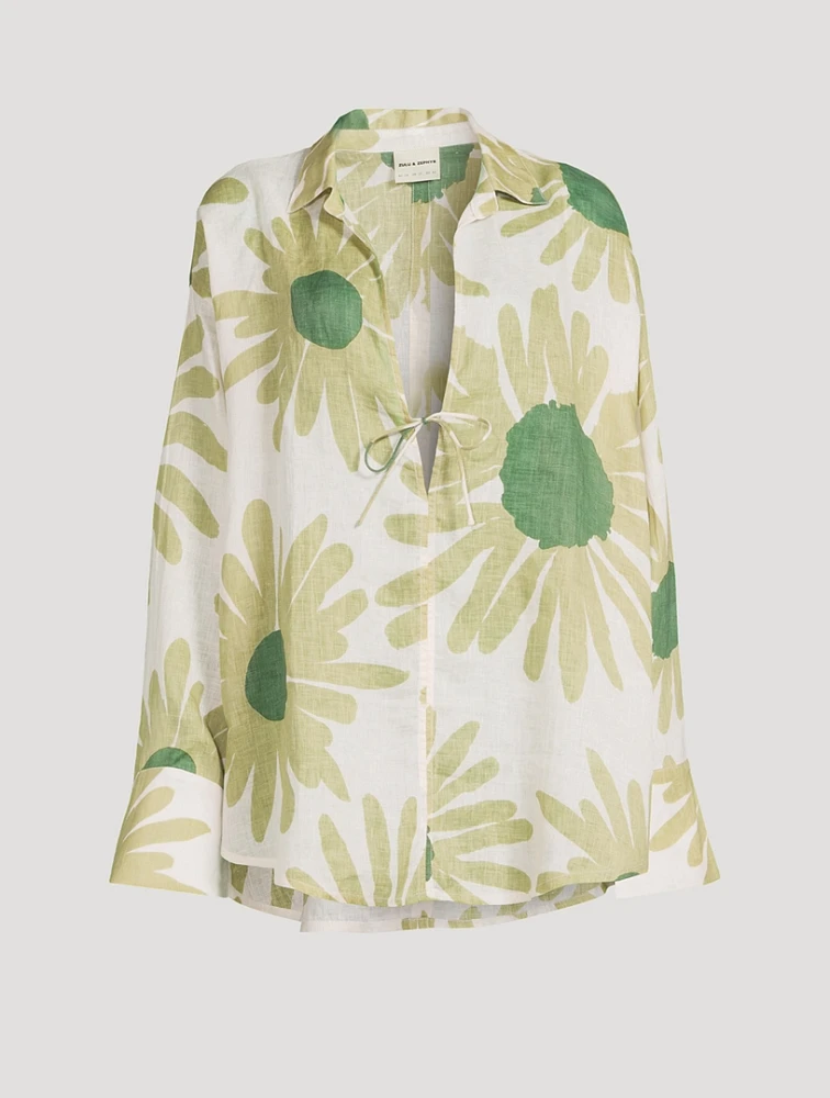 Linen Tie Shirt Aloe Flower Print