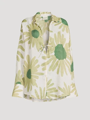Linen Tie Shirt Aloe Flower Print