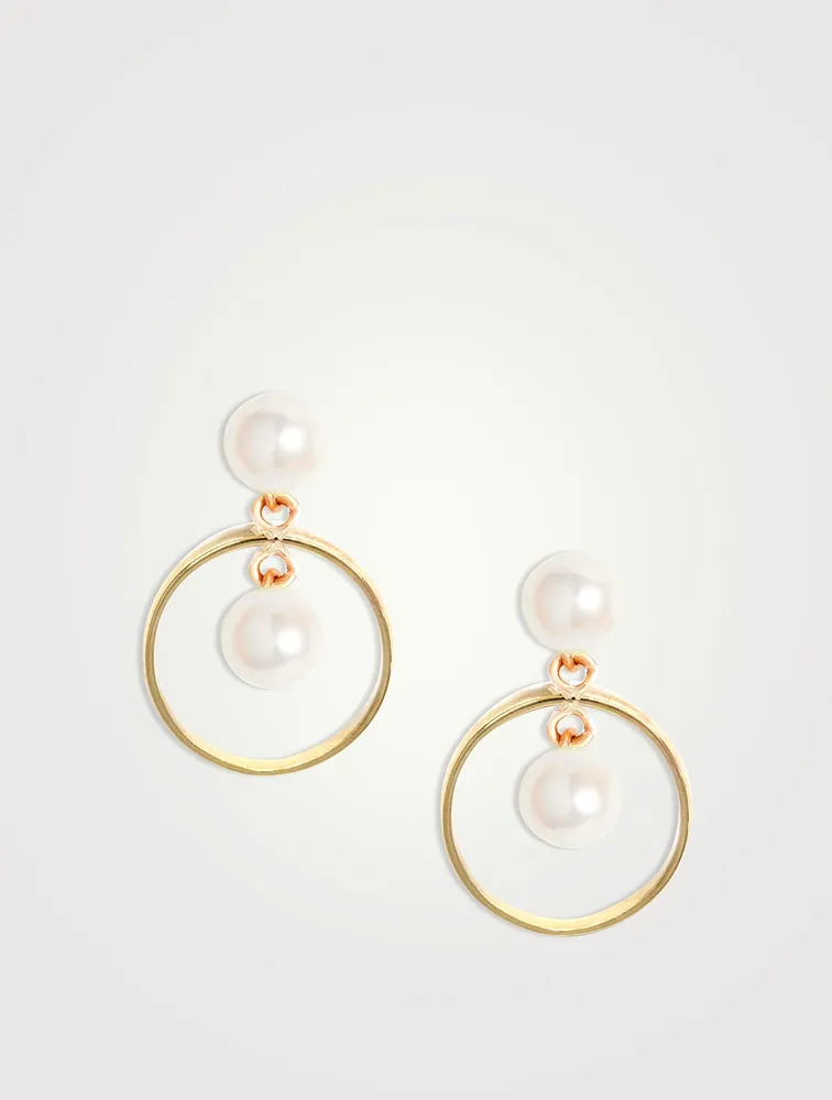 14K Gold Duo Pearl Circle Dangle Earrings