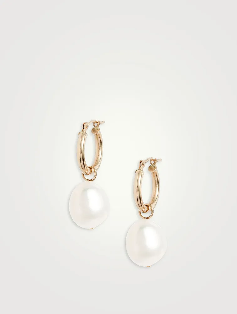 14K Gold Small Gold Hoop Removable Pearl Earrings