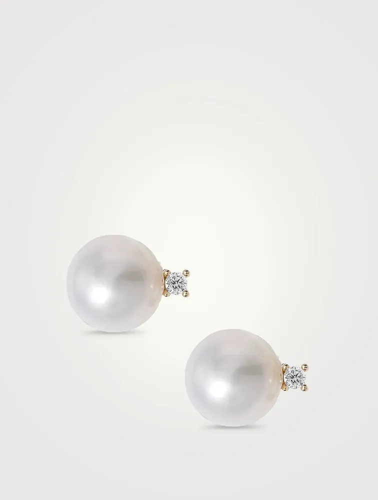 14K Gold Pearl Stud Earrings With Diamonds