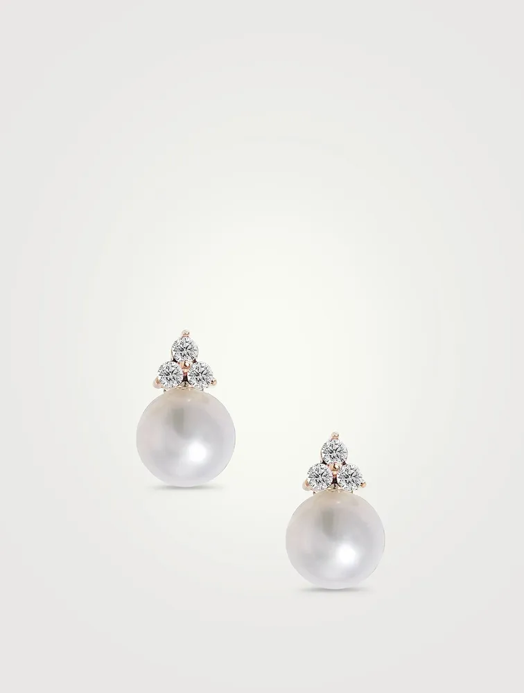 14K Gold Diamond Trio Pearl Stud Earrings