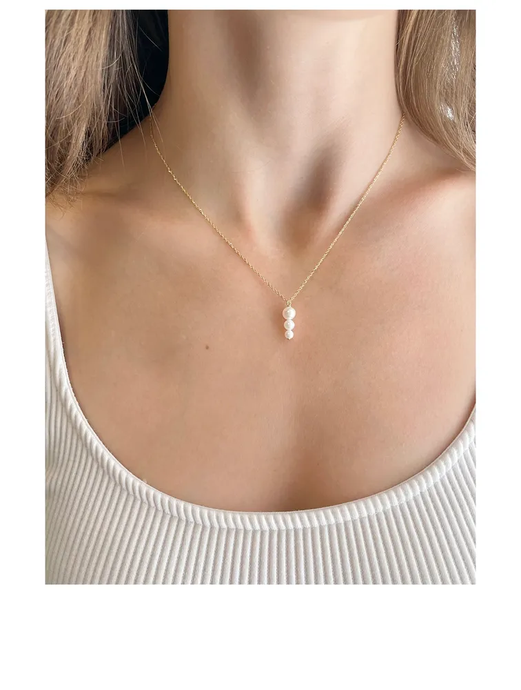 14K Gold Triple Pearl Pendant Necklace