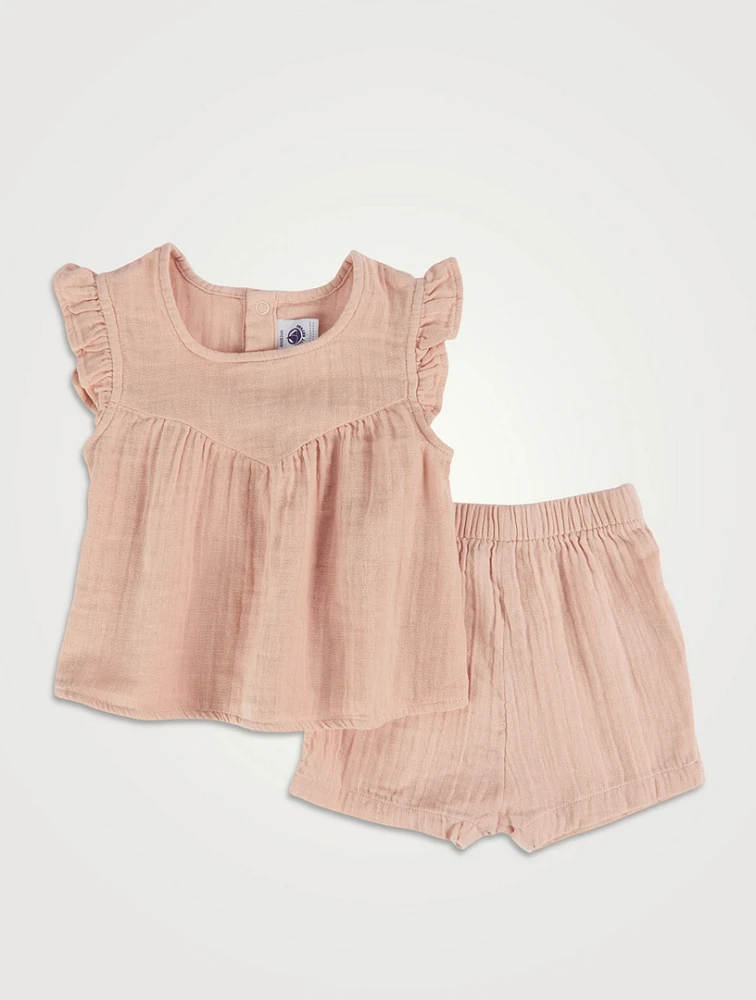 Cotton Gauze Blouse And Shorts Set
