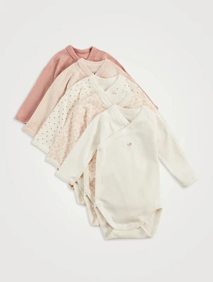 Pack of Five Long-Sleeve Wrapover Bodysuits