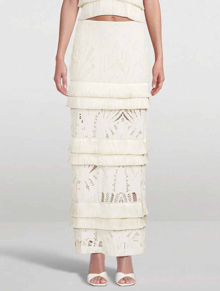 Fringe Trim Lace Maxi Skirt