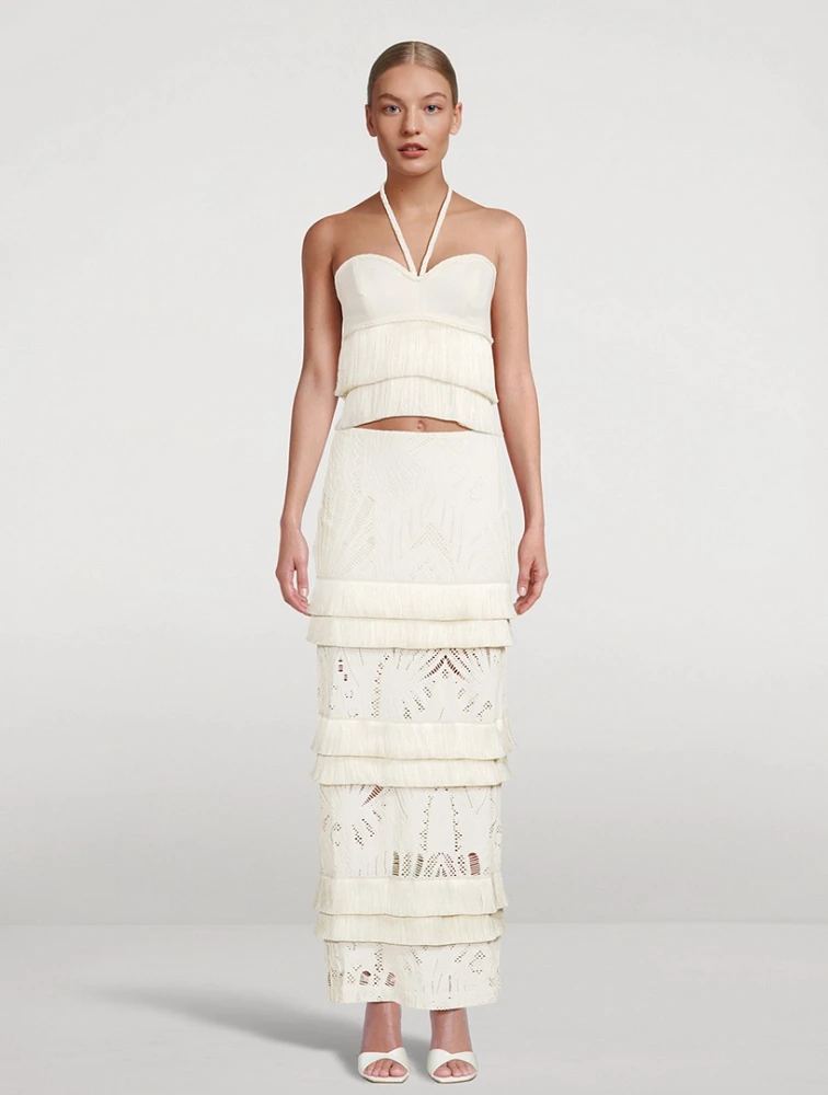 Fringe Trim Lace Maxi Skirt