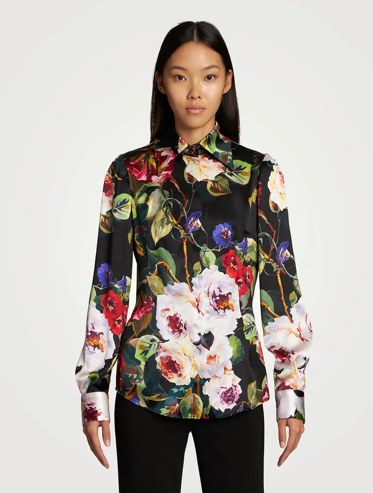 Stretch Silk Satin Shirt Floral Print