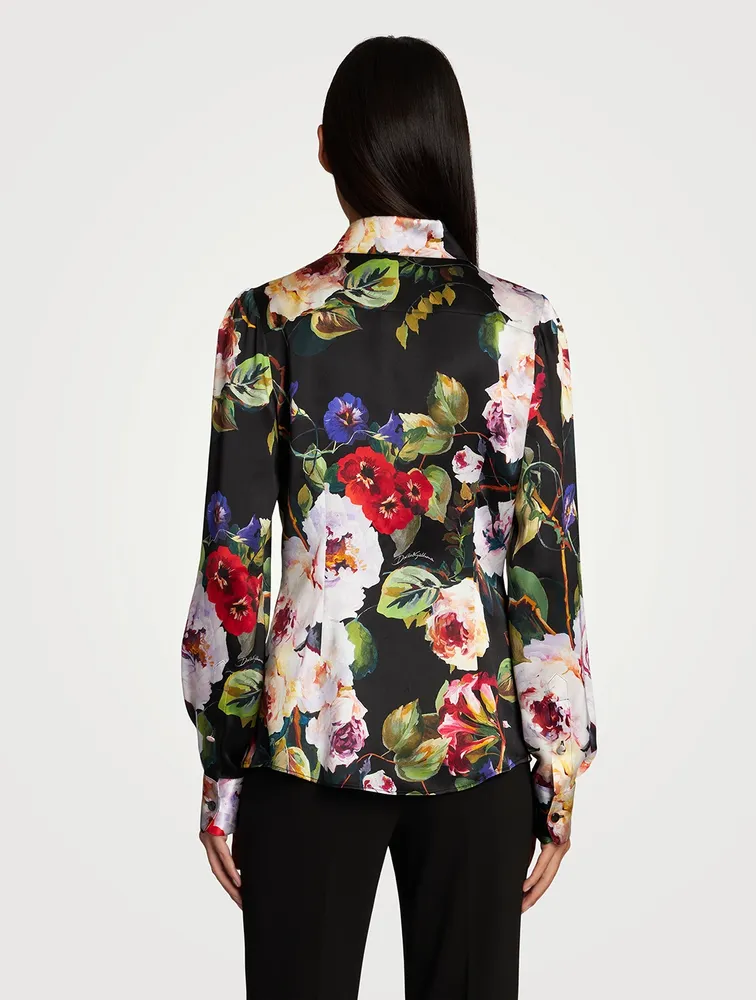 Stretch Silk Satin Shirt Floral Print