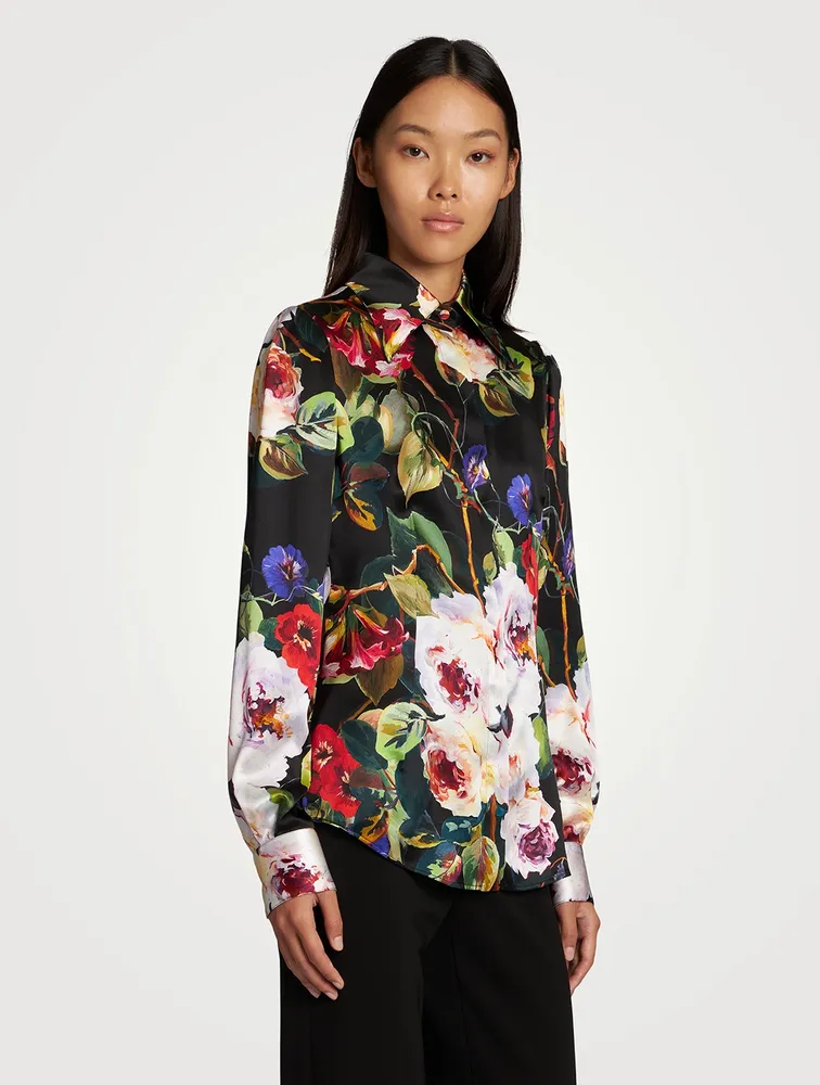Stretch Silk Satin Shirt Floral Print