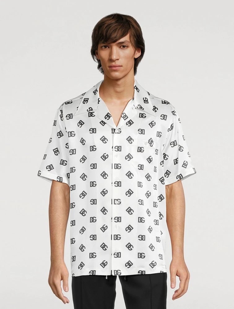 Silk Short-Sleeve Shirt Monogram Print