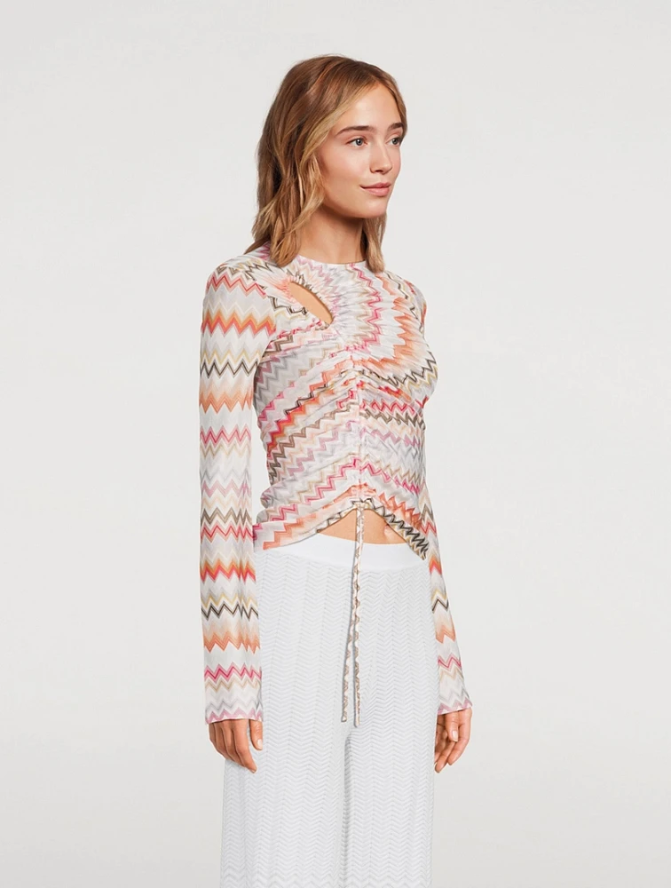 Ruched Long-Sleeve Top Zig Zag Print