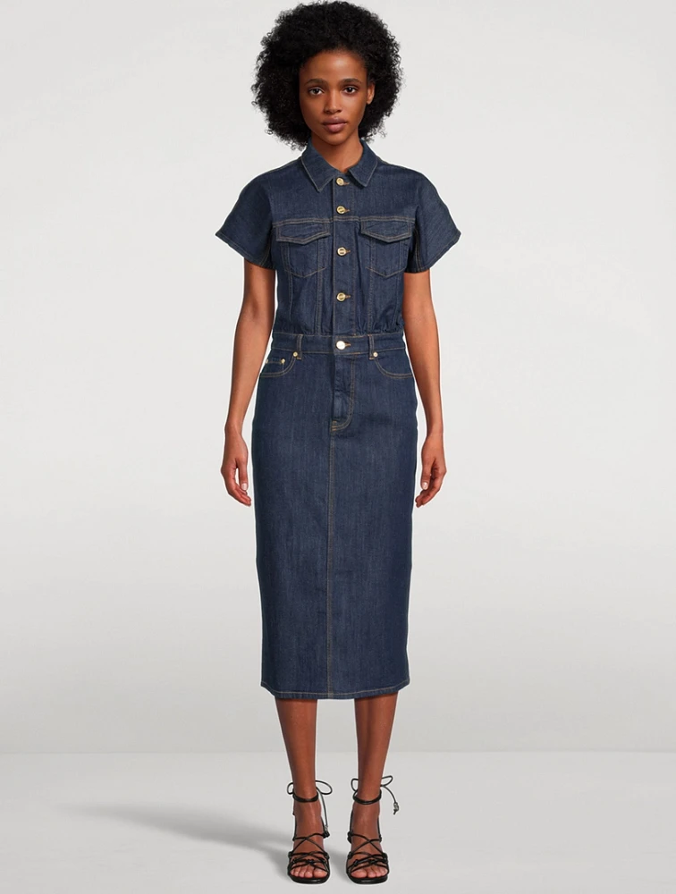 Rose-Embroidered Denim Shirt Dress