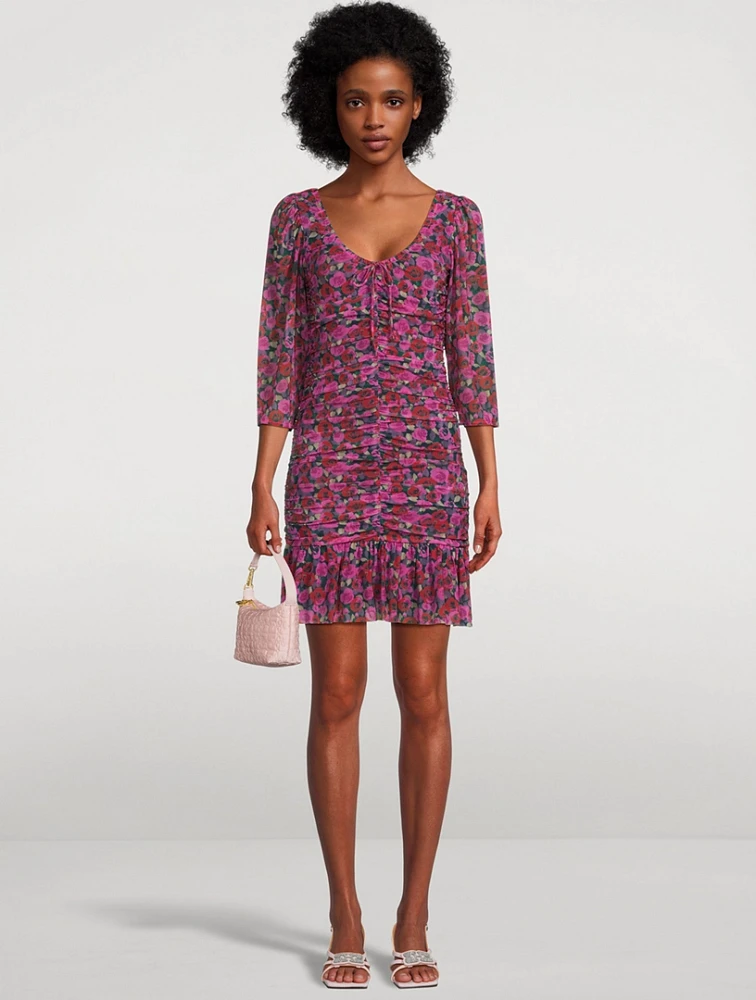 Ruched Mesh Dress Floral Print