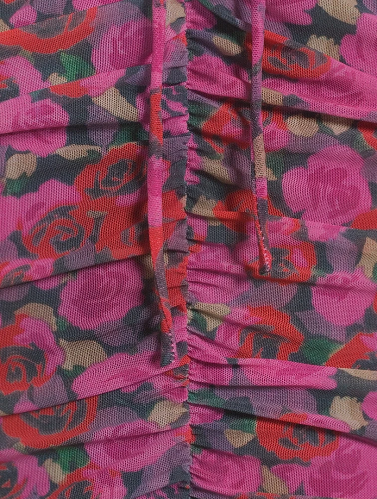 Ruched Mesh Dress Floral Print