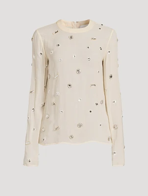 Halo-Embroidered Silk Chiffon Top