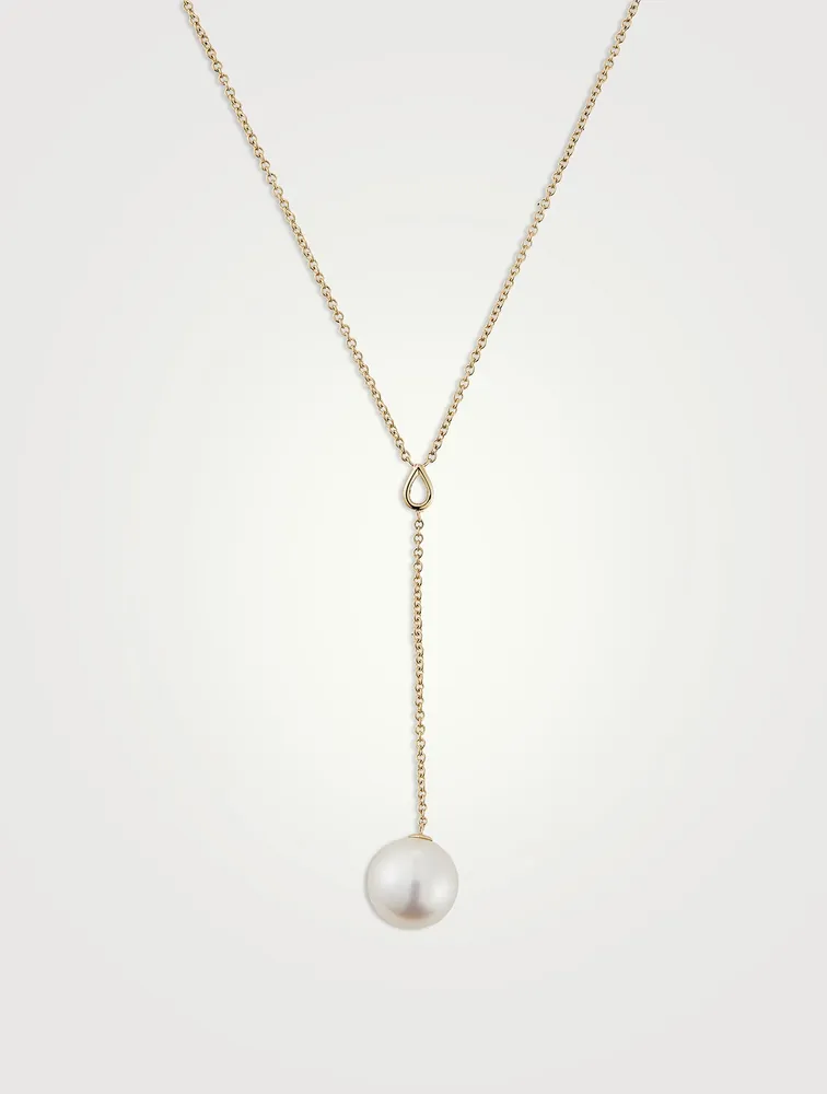 Sea Of Beauty Luxe 14K Gold South Sea Pearl And Pear Diamond Lariat Necklace