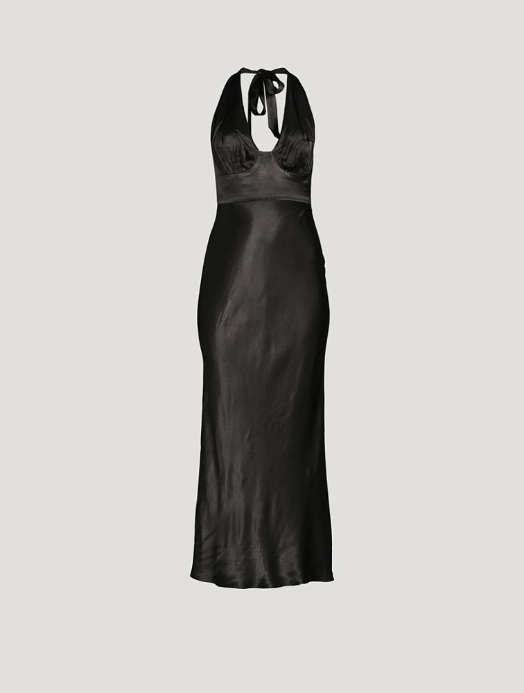 La Lune Plunged Halter Midi Dress