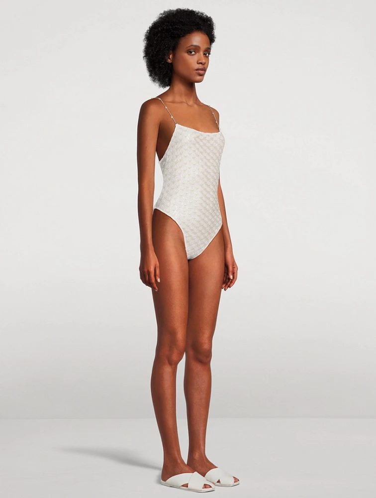 Lace-Effect One-Piece Swimsuit With Chain Straps