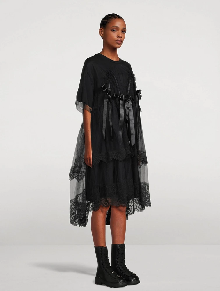 Bow-Trimmed Tulle Overlay Dress