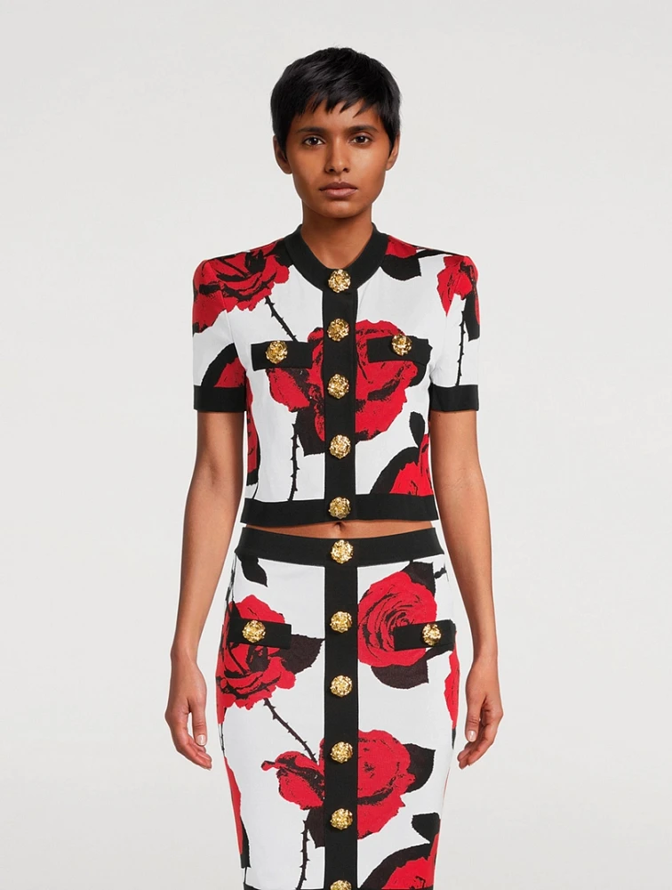 Rose Jacquard Short-Sleeve Cardigan