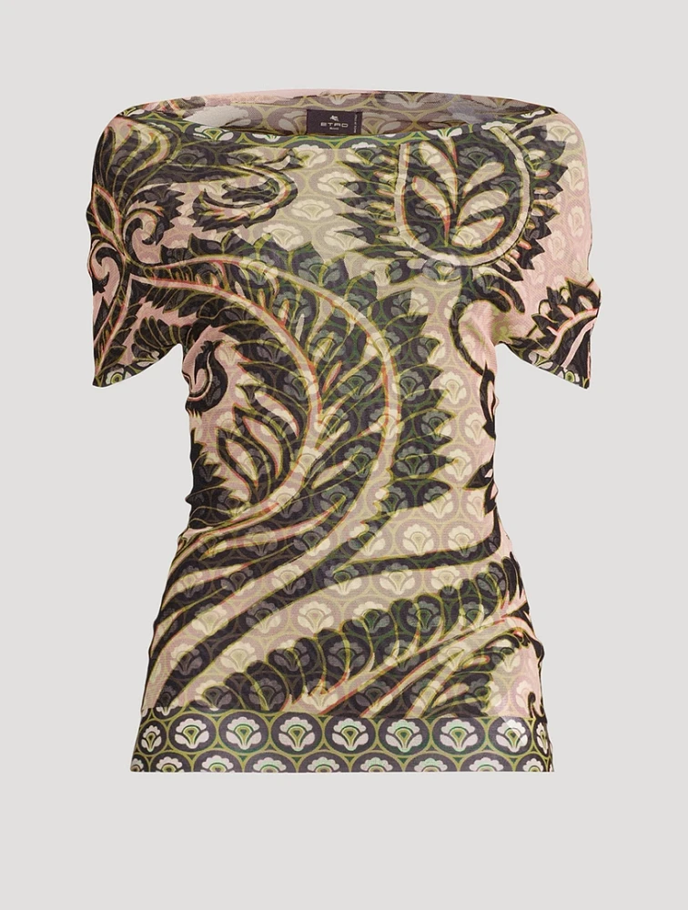 Off-The-Shoulder Tulle Top Paisley Print