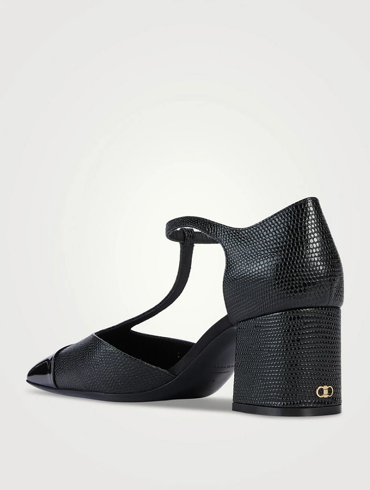 Marilu Lizard-Embossed Leather T-Strap Pumps