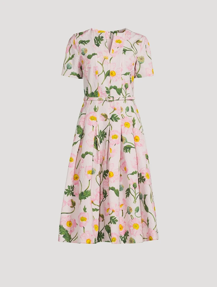 Belted Midi Dress Painted Poppies Print