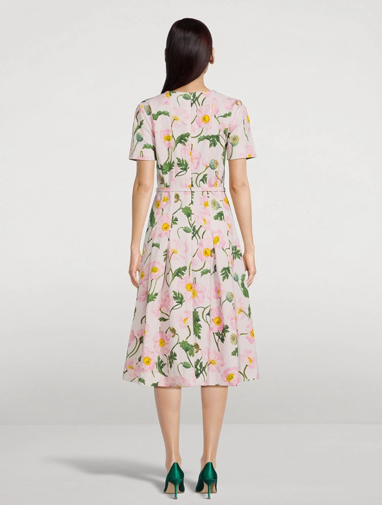 Belted Midi Dress Painted Poppies Print