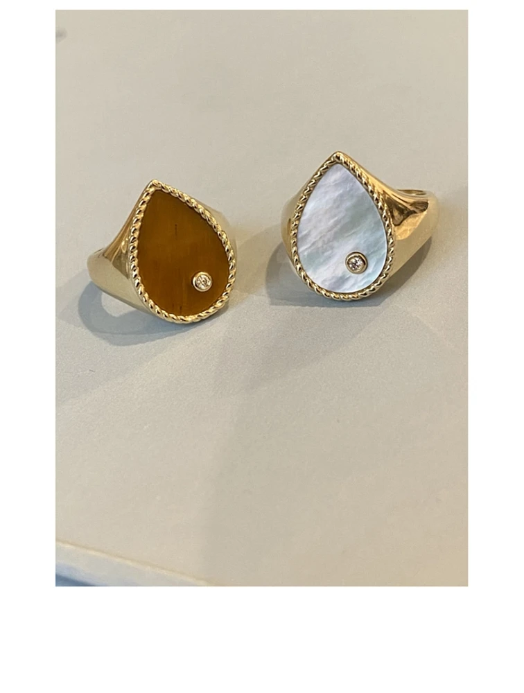 Chevaliere 9K Gold Pear Ring With Mother-Of-Pearl And Diamond