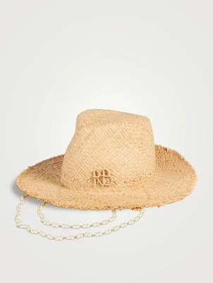 Straw Fedora Hat With Faux Pearl Chain