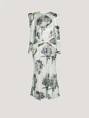 Silk Satin Midi Dress Rose Print