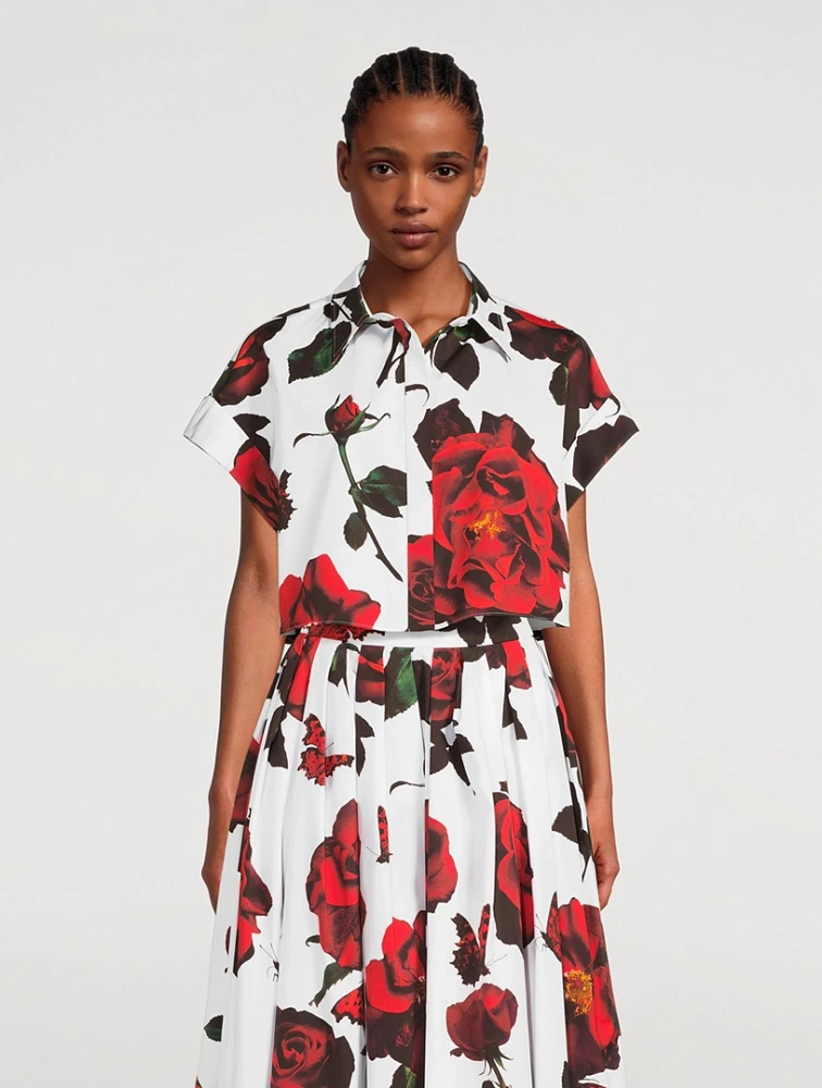 Cropped Cotton Shirt Tudor Rose Print
