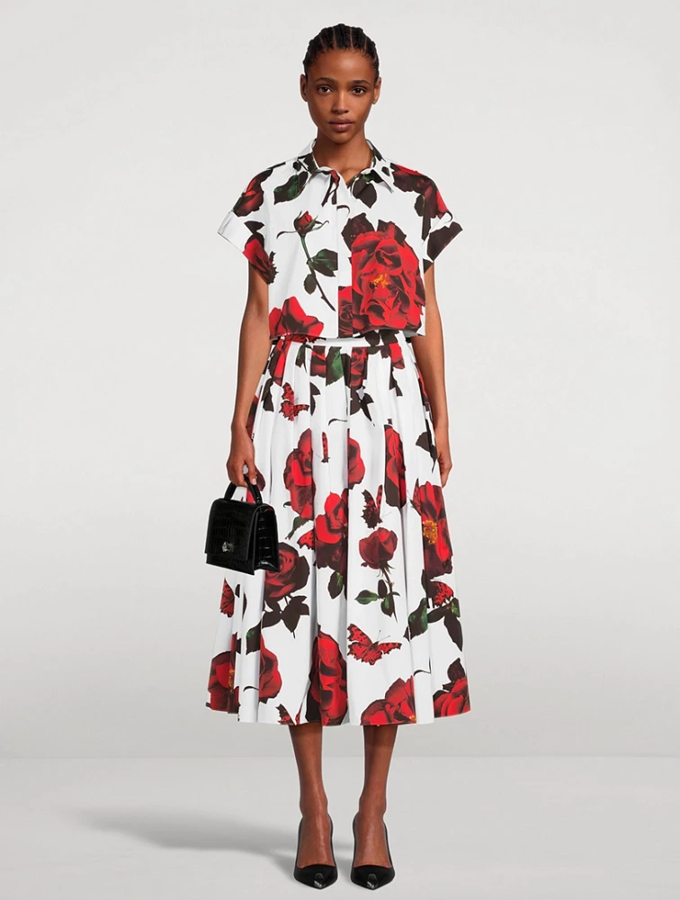 Cropped Cotton Shirt Tudor Rose Print