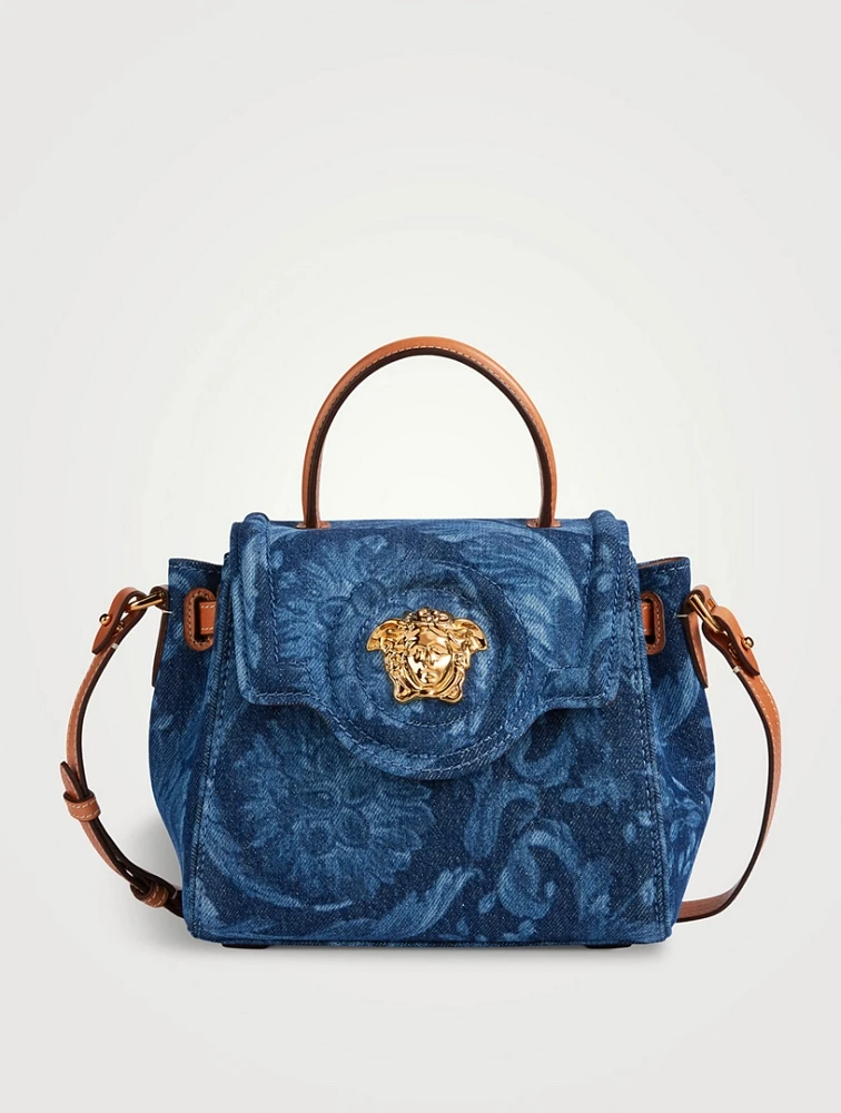 Small La Medusa Denim Top Handle Bag In Barocco Print