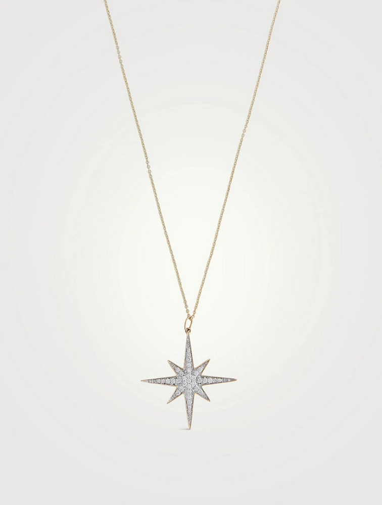 Large 14K Gold Starburst Pendant Necklace With Diamonds