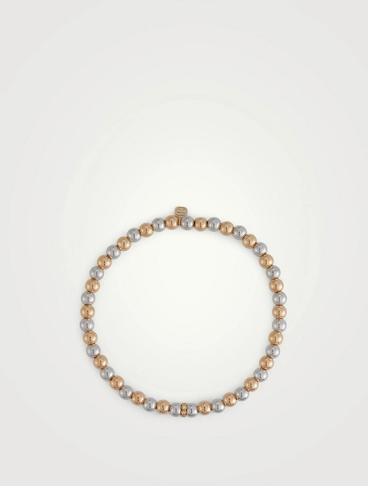 14K Two-Tone Beaded Bracelet With 14K Gold 4mm Round Bezel Diamond Rondelle
