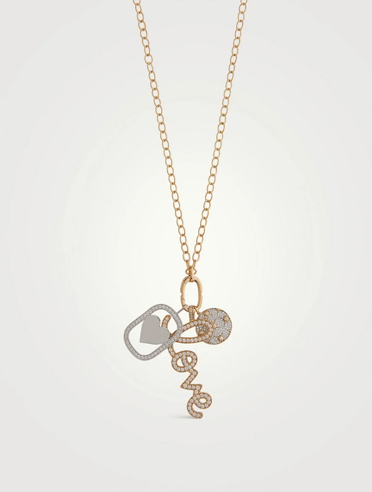 XL 14K Gold Starburst, Love Script, And Star Chain Combo Necklace With Diamonds