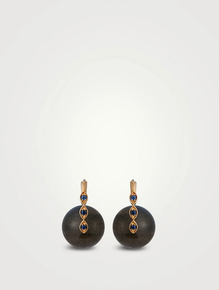 14K Gold Labradorite Smooth Round Marquise Eye Bead Earring With Sapphire