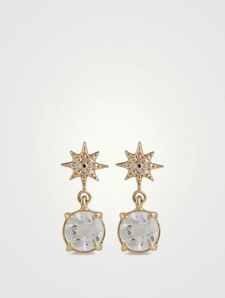 Aztec 14K Gold North Star Earrings With Clear Topaz