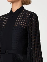 Mixed-Media Pleated Eyelet Shirt Dress