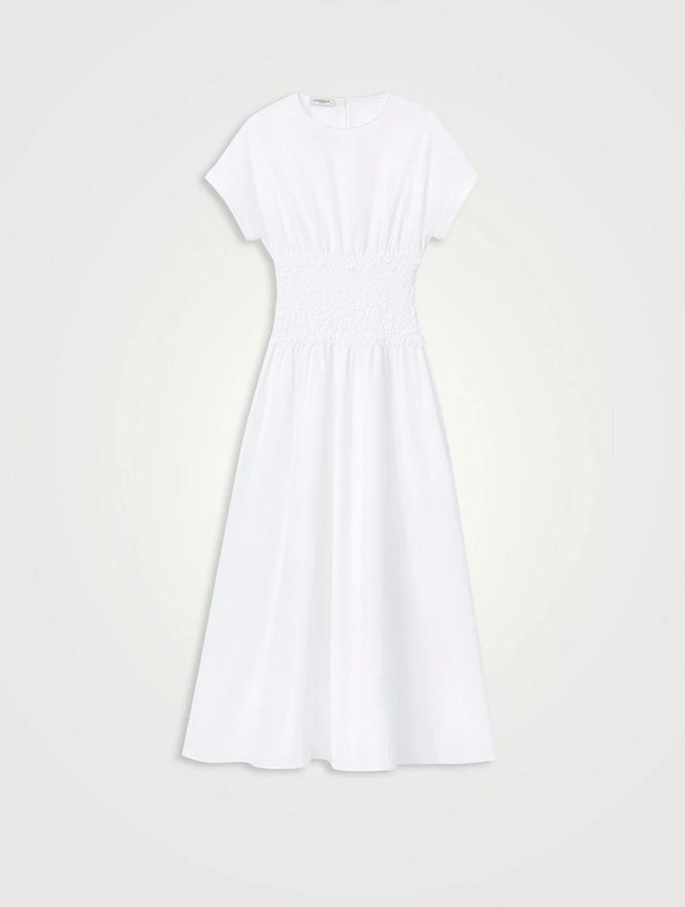 Smocked-Waist Organic Cotton Poplin Midi Dress