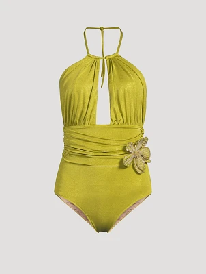 Metallic Jersey One-Piece Halter Swimsuit
