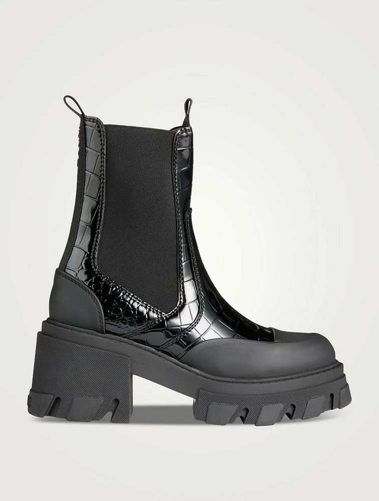 Croc-Embossed Patent Ankle Boots