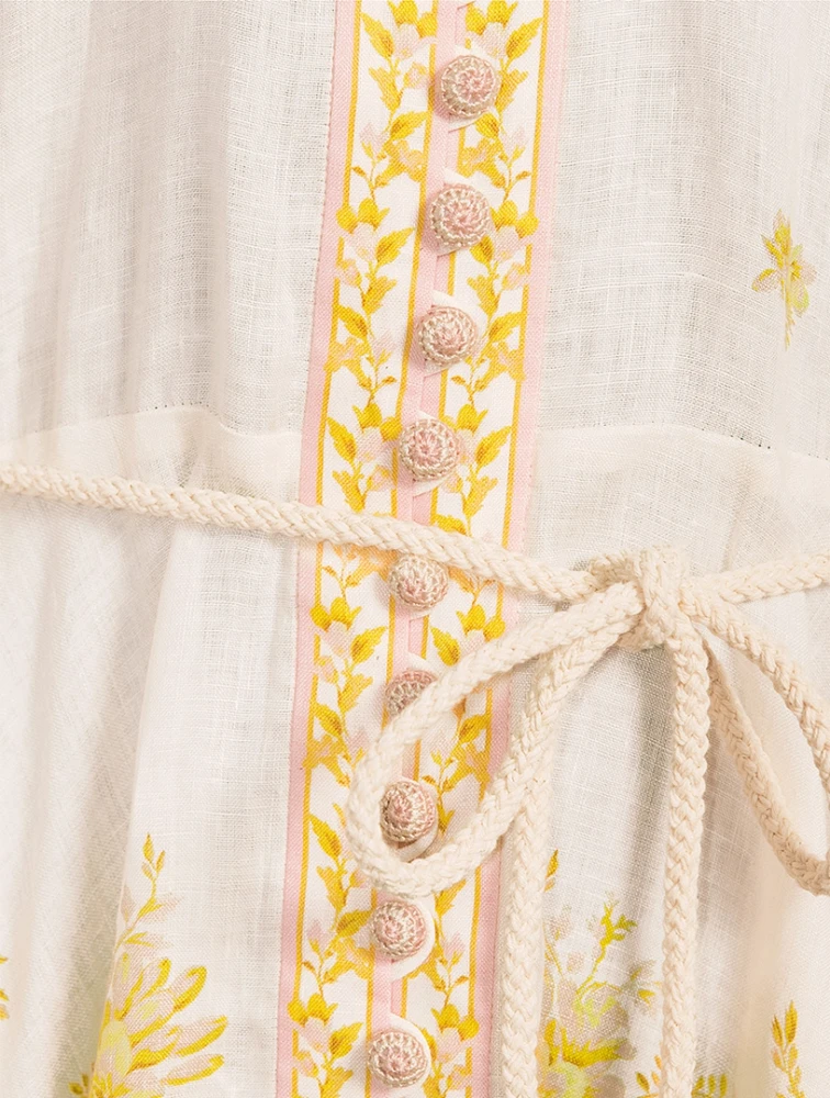 Golden Puff-Sleeve Linen Mini Dress Floral Print
